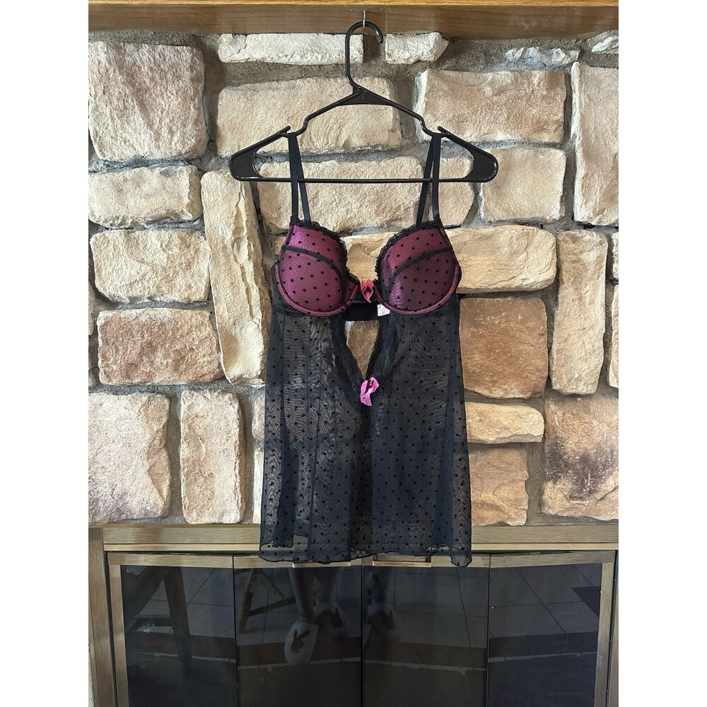 Y2K Native Intimates Black Pink Polka Dot Lace Micro Mesh Slip Lingerie Size 36B